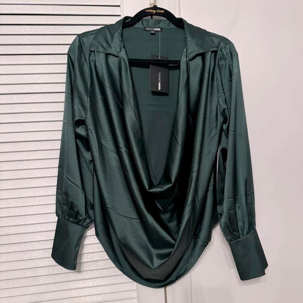 Hunter Green Plung neckline Satin Blouse with Cuffs